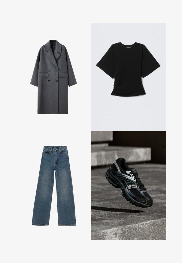 Abrigo largo de lana gris oscuro con solapas anchas, botones negros de doble fila y dos bolsillos delanteros con solapa, exhibido sobre fondo blanco.; Camiseta negra de manga corta con cuello redondo y corte ligeramente oversize, mostrada sobre un fondo gris claro.; Jeans de mezclilla azul de pierna ancha con cintura alta, cinco bolsillos y costuras en contraste. Desvanecimientos y ligerasImperfecciones visibles en la tela.; Zapatilla de running Nike negra y plateada flotando sobre escalones de hormigón, mostrando diseño detallado y suela texturizada en un entorno exterior.