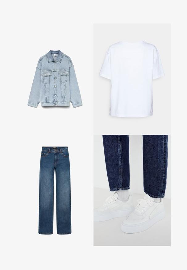 Lys blå denimjakke med spidse kraver, store forlommer og knaplukning. Har en afslappet pasform og synlige sømme.; Enkelt hvid kortærmet bomulds t-shirt vist bagfra mod en lys grå baggrund.; Denim jeans med vide ben i mellemblå vask. Indeholder fem lommer, knap- og lynlåslukning samt dobbelt-syede sømme. Holdbart stof.; Hvide sneakers med et struktureret design og tykke såler, parret med lysegrå ribbede sokker og mørkeblå denimjeans.