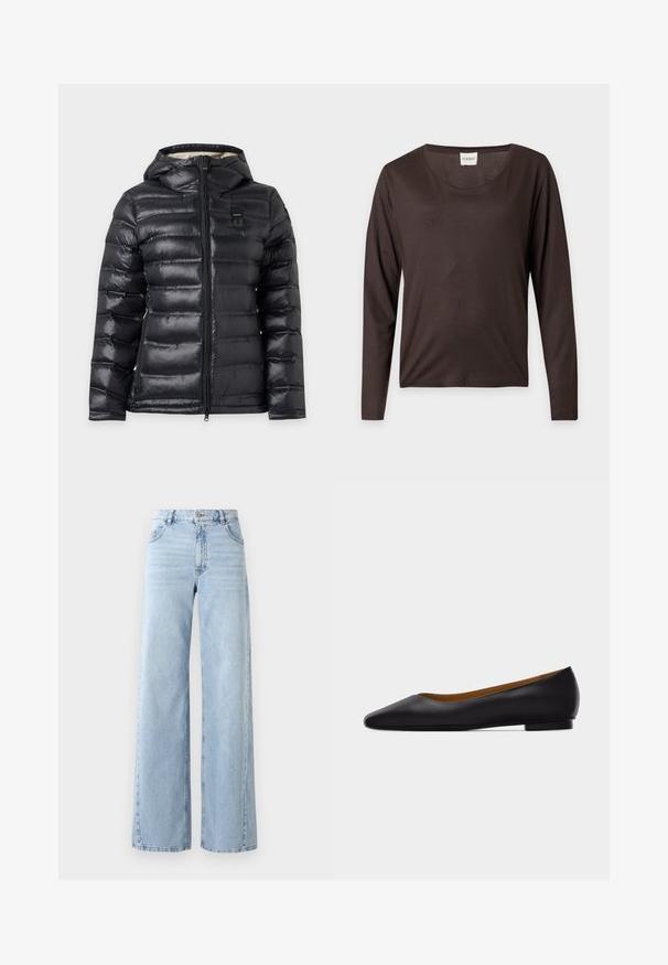 Schwarze gesteppte Daunenjacke mit Kapuze, durchgehendem Frontreißverschluss und einem kleinen rechteckigen Aufnäher auf der oberen Brust.; Dunkelbraunes Langarmshirt mit rundem Ausschnitt, geradem Saum und einem kleinen weißen Etikett mit der Aufschrift "CLOSED" innen im Kragen.; Weite helle blaue Jeans mit hoher Taille, fünf Taschen und ausgewaschenem Look. Verfügt über gesteppte Details und einen geraden Schnitt am Saum.; Schwarzer flacher Schuh aus Leder mit spitz zulaufender Vorderkappe, niedrigem Absatz und glatter Oberfläche, von der Seite vor einem hellgrauen Hintergrund dargestellt.