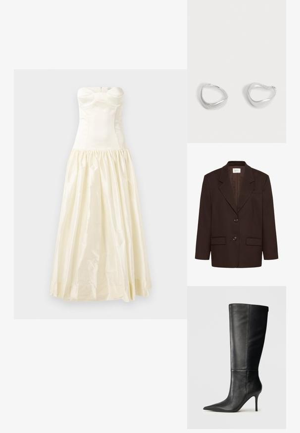 Dunkelbrauner, maßgeschneiderter Blazer mit Kerbkragen, zwei vorderen Knöpfen, Pattentaschen und einer Brustleistentasche.; Trägerloses, cremefarbenes Kleid mit tailliertem Oberteil und gerafftem, fließendem Rock. Glattes Satinmaterial mit dezentem Struktur und Glanz.; Schwarze Lederstiefel bis zum Knie mit spitzem Zehenbereich und schlankem Stiletto-Absatz, glatte Textur, Seitenansicht auf neutralem Hintergrund.; Paar glatte silberfarbene Creolen mit einer leicht unregelmäßigen dreieckigen Form auf einfachem hellem Hintergrund.