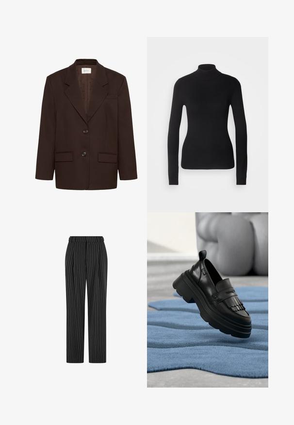 Dunkelbrauner, maßgeschneiderter Blazer mit Kerbkragen, zwei vorderen Knöpfen, Pattentaschen und einer Brustleistentasche.; Schwarzer Rollkragenpullover aus leichtem Strickgewebe. Mit langen Ärmeln, taillierter Passform und weichem Ripptextil.; Schwarze Nadelstreifenhose mit hoher Taille, gefaltetem Vorderteil und geradem Bein. Der Stoff wirkt strukturiert und ist maßgeschneidert für einen formellen Look.; Schwarzer Leder-Schlupfschuh mit Fransenakzent, dicker Sohle und strukturierter Oberfläche, vor einem blauen, strukturierten Teppich platziert.