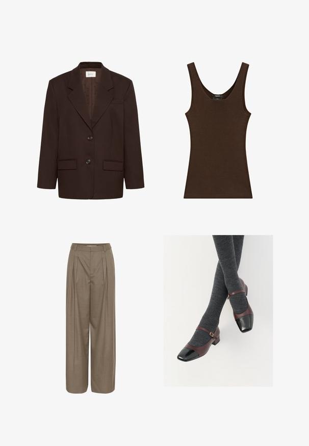 Mørkebrunt skræddersyet blazer med hakkede revers, to forreste knapper, klaplommer og en brystlomme med paspol.; Ærmeløs brun strikket tanktop med rund halsudskæring og ribbet kant rundt kanterne.; Plisserede bukser med bred ben i en lys brun stof, med en struktureret talje og en glat tekstur, designet til komfort og alsidighed.; Burgunderrøde læder Mary Jane-sko med en sort laktoej og tynd ankelrem; båret med mørkegrå ribbede strømper. Lav blokhæl.