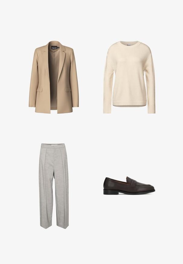 Beige blazer med spidse klapper og to forlommer; lavet af glat stof, har den en åben front og en skræddersyet pasform.; Lys cremefarvet, langærmet sweater med rund hals, ribbede manchetter og kant. Blødt strikket tekstur med subtile sømdetaljer på ærmerne.; Lysgrå vide bukser med en glat tekstur, der har to frontfalde, en talje og lige ben.; Brune læderloafers med en glat finish, rundet snude og dekorativ detalje foran. Robust sål og diskret hælhøjde.
