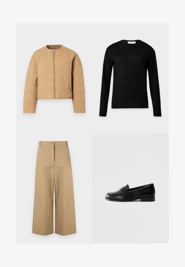 Veste matelassée beige avec un col montant, une fermeture éclair devant et des manches longues. Présente un motif géométrique en losanges sur l'ensemble.; Pull noir à manches longues col rond avec une petite étiquette blanche au niveau du col arrière, présenté sur un fond gris clair uni.; Pantalon beige taille haute à jambes larges, avec passants pour ceinture, fermeture avant par boutons et une fermeture éclair cachée.; Mocassin en cuir noir avec un petit talon et un emblème décoratif en or sur la sangle, présenté sur un fond gris clair uni.