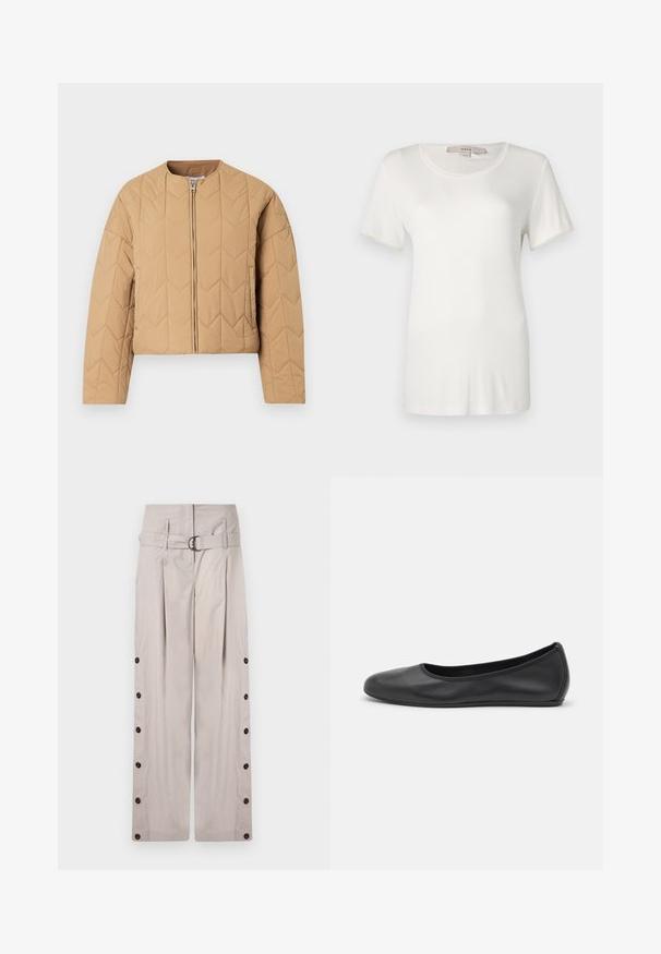 Chaqueta acolchada beige con cuello alto, cremallera frontal completa y mangas largas. Presenta un patrón geométrico de diamantes en toda su superficie.; Camiseta blanca de manga corta hecha de algodón suave y elástico. Presenta un escote redondo y una textura lisa y uniforme sin patrones visibles.; Pantalones de pierna ancha en color beis, fabricados con un tejido suave, que presentan una cintura alta con cinturón, botones laterales y un acabado limpio y ajustado.; Bailarina de piel negra con punta redondeada, textura suave, detalle de costura minimalista y diseño de suela flexible.