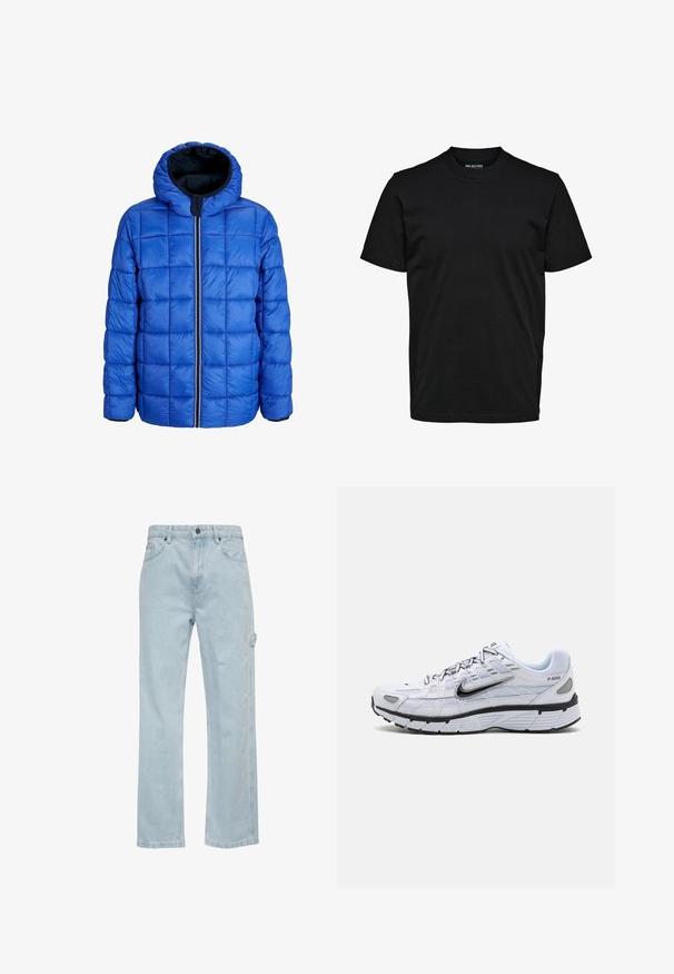 Blå quiltet dunjakke med forreste lynlås og fast hætte, vist på en hvid baggrund.; Simpel sort T-shirt med korte ærmer, rund hals og almindelig pasform uden synlige mønstre eller logoer.; Lysblå denim jeans med lige ben-design, der har for- og baglommer samt en sidelomme til cargo. Glat tekstur, afslappet stil.; Hvide løbesko med mesh-overdel, rund tå, sorte accenter og mønstret sål. Har snøring og branding på siden.