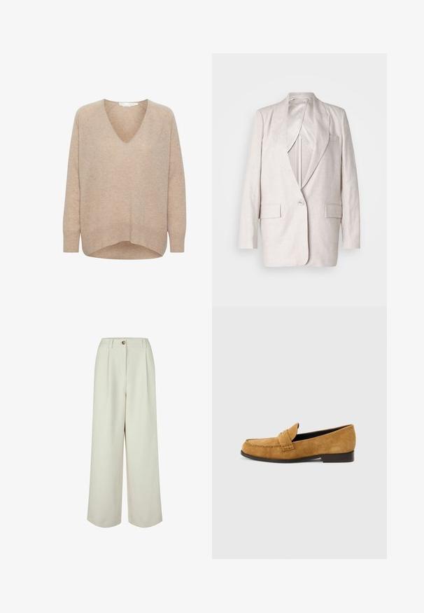 Lys beige linned blazer med skarp lapel, en enkelt knaplukning og to frontlommer; fuldt foret med en glat tekstur.; Beige V-hals sweater i blødt strik med ribbede kanter og manchetter. Har en afslappet pasform og sænkede skuldersømme for komfort og bevægelsesfrihed.; Højtaljede, vidde ben, cremefarvede bukser med bæltestropper, knaplukning og forreste folder, designet til en afslappet pasform.; Lysebrun ruskindsloafer med rundet tå, kort stakket hæl og dekorativ rem over vampen. Glat finish og rene linjer.