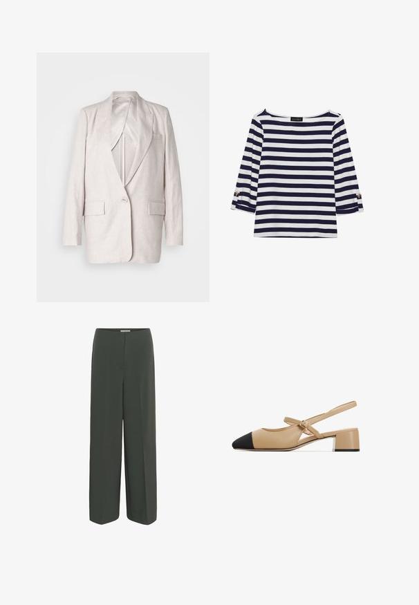 Lichtbeige linnen blazer met notch-lapels, een enkele knoopsluiting en twee voorkezen; volledig gevoerd met een soepele textuur.; Marineblauw en witte gestreepte longsleeve top met een bootnek en gouden knoopaccenten op de opgerolde mouwen. Zachte stof, relaxte pasvorm.; Brede broekspijpen in donkergroene stof, met een comfortabele elastische tailleband en een gladde textuur, zonder zichtbare sluitingen of zakken.; Beige leren slingback schoenen met een zwarte puntige neus, een gespband en een lage blokhak met een zilveren accent aan de basis.