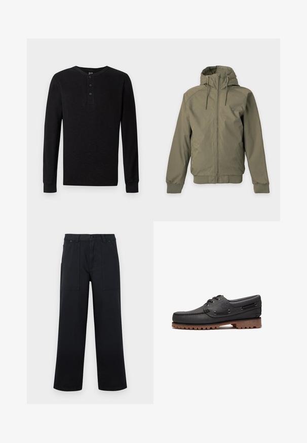 Groene capuchontrui met rits en koordjes, geribde boorden en zoom, getoond op een effen lichte achtergrond.; Zwarte langelijf henley-shirt met een drieknoopsluiting bij de hals, zachte textuur en geribbelde manchetten, met een klassieke pasvorm en minimalistisch ontwerp.; Zwarte broek met wijde pijpen, voorzakken, riemlussen en knoopsluiting, getoond tegen een effen achtergrond.; Zwart leren bootschoen met veters, ronde neus, gestructureerde bruine rubberen zool en gestikte leren zijkanten.