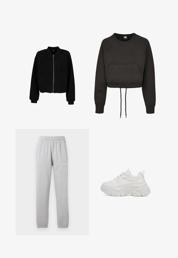 Urban Classics STRUCTURED - Fliisjakk - black; Mustad lühike kapuutsiga sviiter pehmest kangast, millel on ees tasku, nöör allääres ja soonikkoes, et see sobiks mugavalt.; Hallid hallid dressipüksid pehmest kangast, millel on elastne vöökoht, kinnised pahkluud ja küljetasku. Logo on trükitud vasakule reiele.; Valged paksud vabaajajalanõud tekstuurse pealispinna, ümarate ninaosade ja ülisuurte talladega. Omanäolised paelad, võrkmaterjalist lisandid ning tagakandjal asuv tõmblint.
