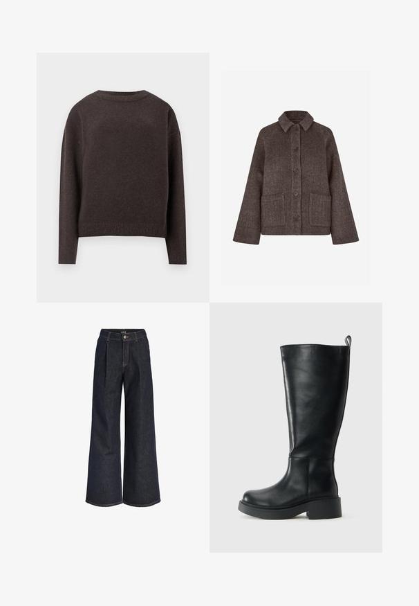 Brun uld knapjakke med brede ærmer, spids krave og to store forlommer.; Mørkebrun crewneck sweater med lange ærmer samt ribbede manchetter og nederste kant, vist fra ryggen på en hvid baggrund.; Mørkeblå vidde jeans i denim med plisseringer, knaplukning og bæltestropper, vist mod en hvid baggrund.; Høj sort læderstøvle med en trækflig øverst, rund tå og tyk lav hæl mod en ensfarvet hvid baggrund.