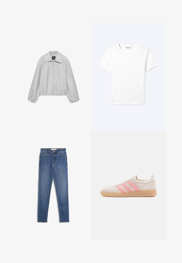 Lichtgrijs fleecejack met ritssluiting aan de voorkant, brede kraag, elastische manchetten en twee zijzakken, afgebeeld op een witte achtergrond.; Effen wit T-shirt met korte mouwen en ronde hals met een klein "WEEKDAY" label aan de binnenkant van de hals, plat neergelegd op een lichte achtergrond.; Blauwe denim jeans met een hoge taille, slim fit, zijzakken, een ritssluiting en contrasterende stiksels. Gestructureerd ontwerp met een gladde textuur.; Beige suède sneaker met roze drie strepen aan de zijkant. Voorzien van een gestructureerde rubberen zool en een witte hielaccent. Minimalistisch ontwerp.