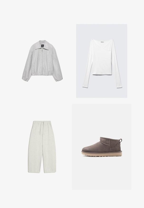 Veste en polaire gris clair avec fermeture éclair à l'avant, large col, poignets élastiques et deux poches latérales, présentée sur un fond blanc.; Haut blanc à manches longues avec un design croisé et une poche. Fabriqué dans un tissu lisse et extensible. Coupé dans une coupe décontractée et ample.; Pantalon de survêtement gris clair, à taille large, confectionné dans un mélange de coton doux, avec une ceinture élastique munie d'un cordon ajustable et des poches latérales.; Chaussure basse en daim marron, modèle slip-on, avec semelle texturée et languette d'aide au chaussage, sur un fond uni.