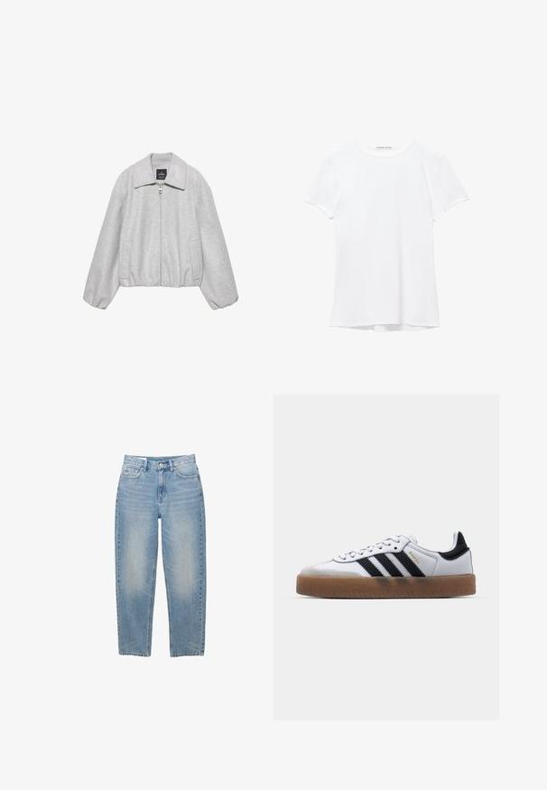 Veste en polaire gris clair avec fermeture éclair à l'avant, large col, poignets élastiques et deux poches latérales, présentée sur un fond blanc.; T-shirt blanc à manches courtes en tissu lisse, avec un col rond et de subtils détails de couture à l'ourlet.; Jean en denim bleu clair à jambes droites avec bouton frontal, fermeture éclair et cinq poches, présenté sur un fond blanc.; Baskets en cuir blanc avec des rayures noires, semelle extérieure en caoutchouc beige, bout rond, fermeture lacée et embout en suède gris doux.