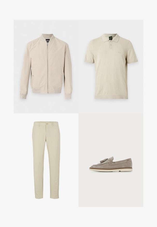 Hellbeige Bomberjacke mit Reißverschluss vorne, seitlichen Druckknopftaschen, geripptem Kragen, Bündchen und Saum. Weicher, glatter Stoff.; Beige Polohemd mit kurzen Ärmeln, zwei Knöpfen, strukturierten Seitenpanelen und dezentem, geprägtem BOSS-Logo auf der linken Brust.; Beige maßgeschneiderte Hose mit Reißverschluss, einzelner Knopfverschluss und Gürtelschlaufen. Glattes Material mit geradem Bein und ohne sichtbare Muster.; Hellbrauner Herrenslipper aus Wildleder mit Quasten-Detail und cremefarbener Gummisohle, Seitenansicht vor schlichtem Hintergrund.