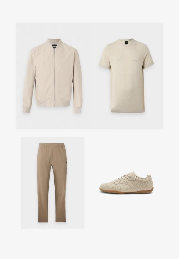 Veste bomber beige clair avec fermeture éclair frontale, poches latérales à boutons-pression, col, poignets et ourlet côtelés. Tissu doux et lisse.; T-shirt beige à manches courtes avec col rond, texture subtile et petit logo "BOSS" en relief sur la poitrine gauche.; Leggings beige texturés avec une taille haute élastique, une coupe slim et un logo de marque subtil sur la cuisse droite.; Baskets en daim beige avec une semelle en caoutchouc, présentant un design épuré et des coutures ton sur ton. Logo embossé sur le côté près des lacets.