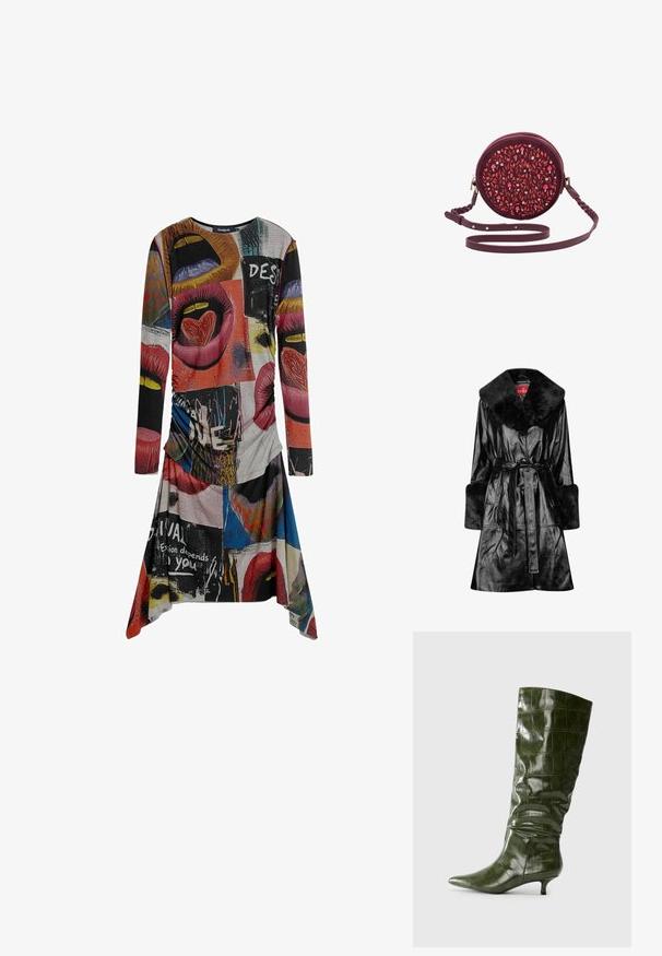 Schwarzer Kunstledermantel mit weitem Fellkragen, langen Ärmeln mit Fellmanschetten, einem taillierten Gürtel und einer glänzenden, strukturierten Oberfläche.; Langärmliges Kleid mit buntem, abstraktem Druck aus Lippen, Herzen und Graffiti-Texten in Rot-, Orange-, Blau-, Gelb- und Schwarztönen.; Hohe, dunkelgrüne Stiefel aus Leder im Krokodilmuster mit spitzer Zehe und niedrigem Kittenheel, seitlich vor einem schlichten Hintergrund dargestellt.; Runde, burdeosfarbene Tasche mit mehrfarbigem Blumenstickereien, Reißverschluss und geflochtenem Riemen. Glattes Material mit filigranen Details.