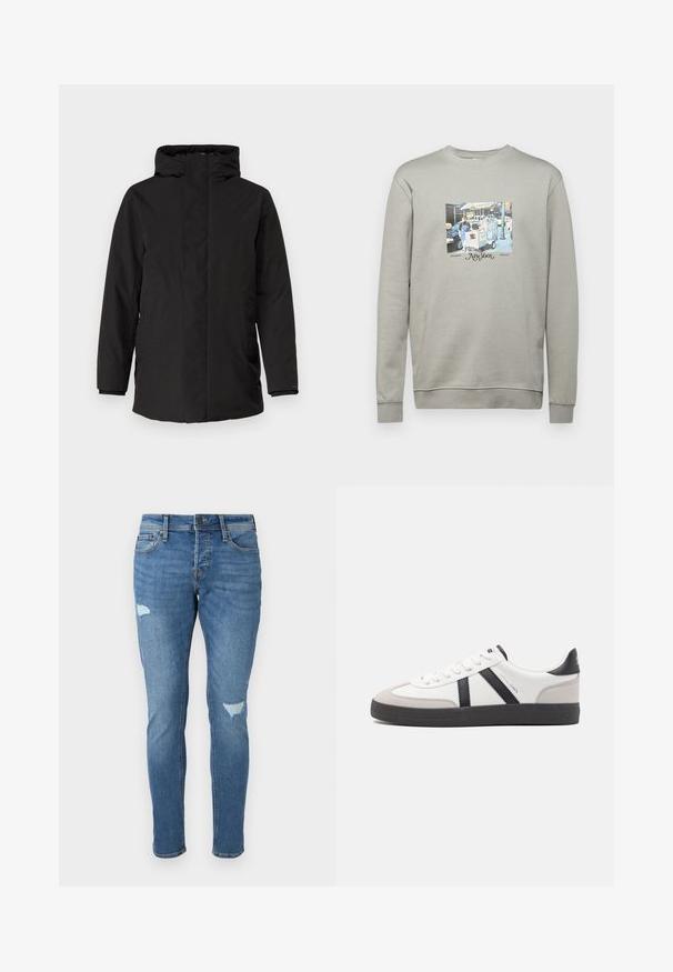 Sort isoleret jakke med høj krave, fuld lynlås, sidelommer og lange ærmer. Glat overflade med minimal detaljer.; Grå sweatshirt lavet af bomuldsblanding; har et centralt grafisk print af en madvognsscene og teksten "New York" med dekorativ skrift.; Fadede blå denim jeans med slim fit, der har slidte områder ved knæene, en knaplukning og fem-lomme design.; Hvide sneakers med sorte og grå detaljer, med en tekstureret grå tåhætte, sort gummisål og flade hvide snørebånd. Rent design, minimalistisk stil.