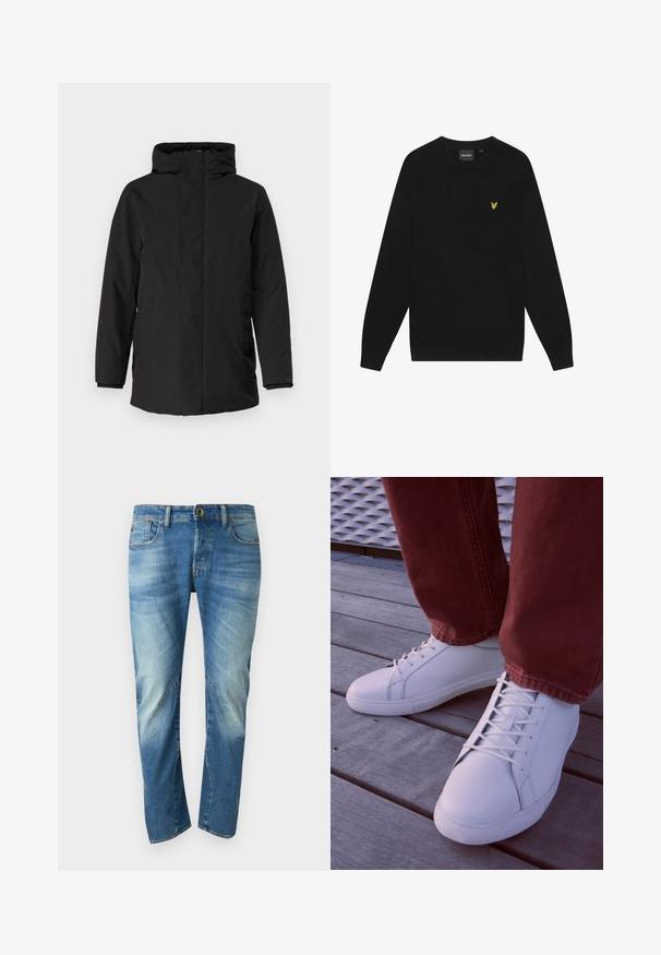 Sort isoleret jakke med høj krave, fuld lynlås, sidelommer og lange ærmer. Glat overflade med minimal detaljer.; Sort bomulds sweatshirts med lange ærmer og rund hals. Har et lille gult ørnelogo på brystet. Blød tekstur.; Blå, falmede straight-leg denim jeans med fem lommer, knaplukning og synlige sømdetaljer på forsiden.; Hvide lavtop sneakers med en glat læderoverflade, der har tonede snørebånd og en gummisål, parret med røde bukser i struktureret stof.