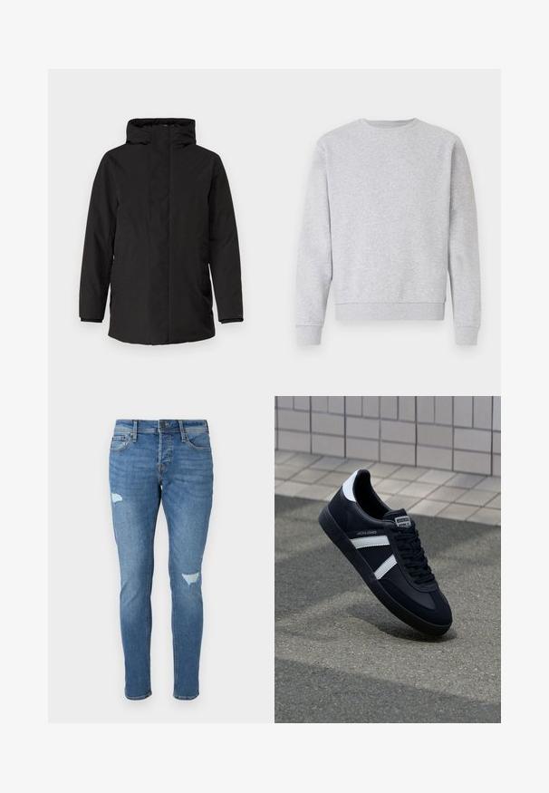 Schwarze isolierte Jacke mit hohem Kragen, durchgehendem Reißverschluss, seitlichen Taschen und langen Ärmeln. Glatte Textur mit minimaler Gestaltung.; Grauer Sweatshirt aus weichem Stoff, mit Rundhalsausschnitt, langen Ärmeln und gerippten Bündchen und Saum. Einfaches Design ohne Logos oder Muster.; Verblasste blaue Jeans im Slim-Fit, mit zerstörten Stellen an den Knien, einem Knopfverschluss und einem Fünf-Taschen-Design.; Schwarze Leder-Sneaker mit weißen Streifen, strukturiertem Gummisohle und Schnürung. Verfügt über ein Markenetikett auf der Zunge.