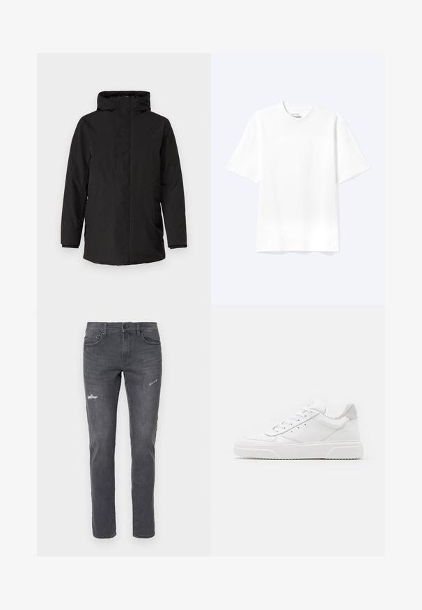 Sort isoleret jakke med høj krave, fuld lynlås, sidelommer og lange ærmer. Glat overflade med minimal detaljer.; Enkel hvid T-shirt med korte ærmer og rund hals med afslappet pasform, vist på en lys baggrund.; Mørkegrå jeans i denim med slim fit, med slidte detaljer og fem lommer. Klassisk design med diskret lysning og lige ben.; Hvide lædersneakers med en glat finish, rund tå, flade snørebånd og en struktureret sål. Grå ruskindsdetalje ved hælen.