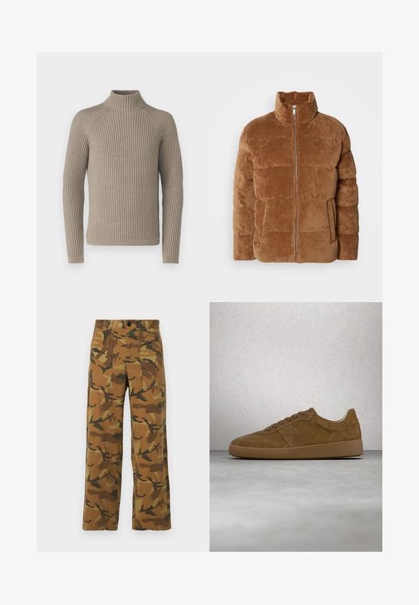 Chaqueta tipo puffer de pana marrón con cuello alto, cierre de cremallera y bolsillos laterales. Cuenta con un diseño acolchado y un sutil detalle de logotipo.; Suéter de cuello alto de canalé beige con mangas largas, que presenta una silueta ajustada y un patrón de punto texturizado. Hecho de un material suave.; Pantalones cargo de patrón camuflaje en tonos marrones y verdes, hechos de tela ligera, con cuatro bolsillos y cierre de botón.; Zapatilla deportiva de ante marrón con cordones color beige y suela de goma. Presenta una puntera redondeada y detalles cosidos en la parte superior. Diseño ligero.