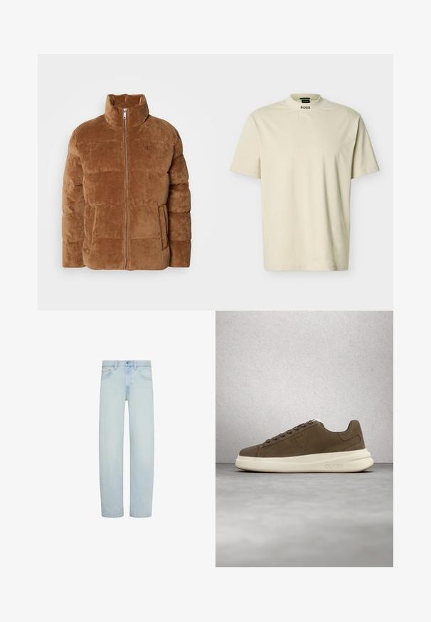 Brun corduroy puffer jakke med høj krave, lynlås lukning og sidelommer. Har et quiltet design og diskret logo detaljering.; Beige T-shirt med korte ærmer, høj rund hals og "BOSS" tekst trykt på kragens forside.; Lyseblå denimjeans med lige ben, foran knap- og lynlåslukning, bæltestropper og forlommer.; Brune ruskinds sneakers med en cremet gummisål, flade snørebånd og et logo på siden. Letvægtsdesign og glat tekstur.