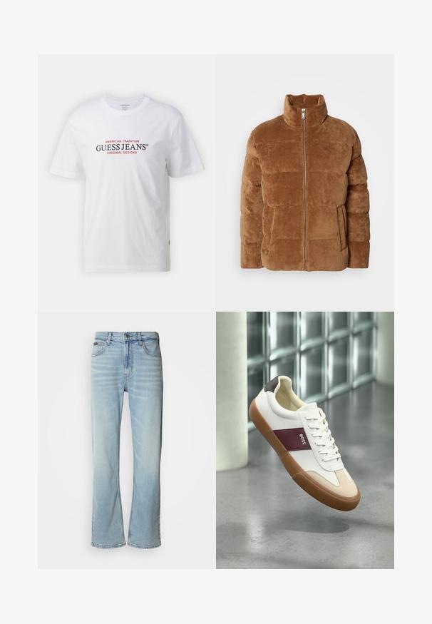 Braune Cord-Pufferjacke mit hohem Kragen, Reißverschluss und Seitentaschen. Verfügt über ein gestepptes Design und dezente Logodetails.; Weißes Baumwoll-T-Shirt mit Rundhalsausschnitt und kurzen Ärmeln, mit rotem und schwarzem Text "GUESS JEANS" und "AMERICAN TRADITION."; Hellblaue Jeans aus Denim mit geradem Bein, ausgestattet mit fünf Taschen, einem Knopfverschluss und subtilen Verwaschungen im Stoff.; Weißer Sneaker mit niedrigem Schaft, brauner Sohle, weinrotem Streifen mit der Aufschrift "BOSS", beigen Zehenakzenten und schwarzer Ferse, der über einem grauen Boden schwebt.