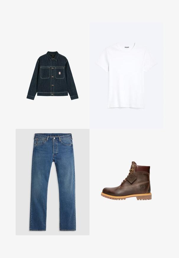 Donkerblauwe spijkerjas met knoopsluiting aan de voorkant, twee borstzakken, contrasterende stiksels en een klein rechthoekig logopatch op de linker borstzak.; Effen witte T-shirt met korte mouwen en ronde hals met een zichtbaar WEEKDAY-merklabel bij de nek, weergegeven op een lichte achtergrond.; Blauwe rechte denim jeans met vijf zakken, riemlussen en een sluiting met een knoop en ritssluiting aan de voorkant, op een effen achtergrond.; Bruine leren enkelboot met een ronde neus, stevige zool, hardware in goudkleur en een gestructureerde bovenkant. Inclusief een merklabel dat is bevestigd.