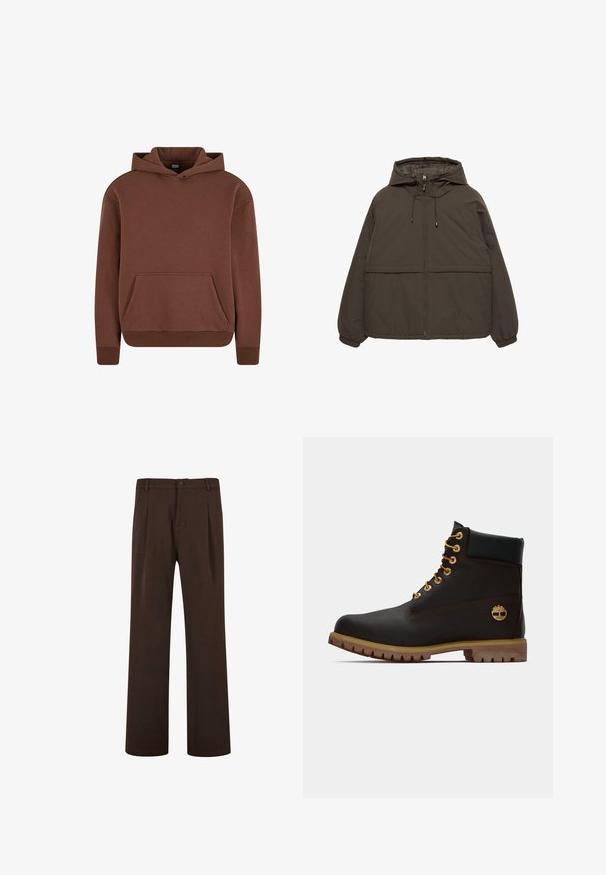 Donkerbruine capuchonjas met ritssluiting, elastische manchetten en twee zakken aan de voorkant. Gladde synthetische stof met een matte afwerking.; Bruine hoodie gemaakt van een zachte stof, met een kangaroezak, ribgebreide boorden en een ontspannen pasvorm.; Bruine broeken met een rechtlopende snit, voorzien van een knoopsluiting en plooien, gemaakt van een gladde stof. Geen zichtbare zakken of patronen.; Zwarte leren enkellaars met gouden oogjes, bruine accenten en een rubberen zool. Heeft een gevoerde kraag en geperst logo aan de zijkant.
