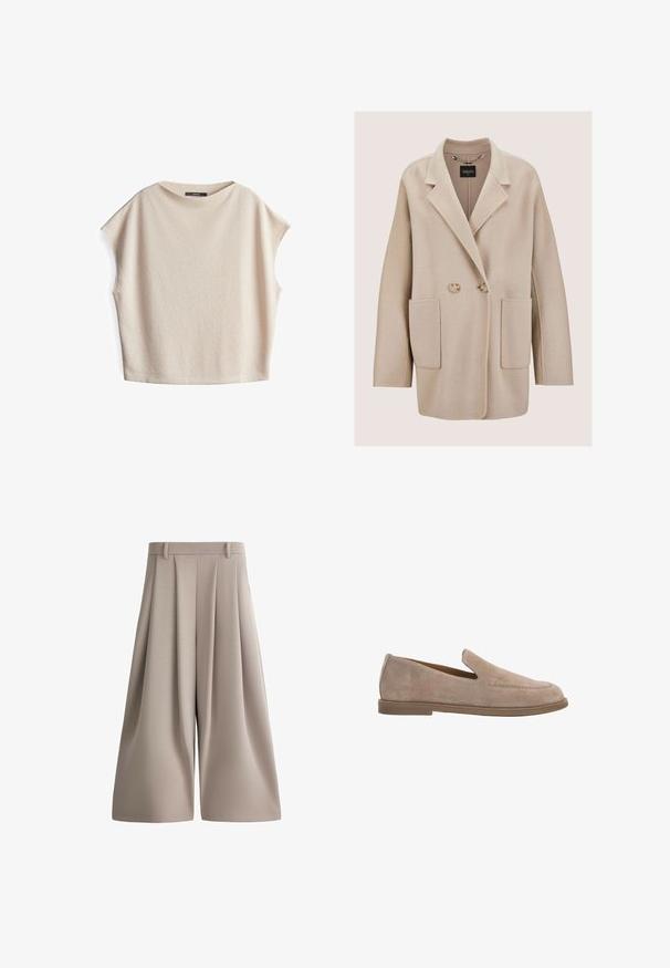Beige dubbelgeknoopte wollen jas met brede revers, twee voorzakken met kleppen en knoopsluiting, getoond op een neutrale achtergrond.; Beige shirt met korte mouwen, een textuurafwerking, een brede hals en een relaxed fit. Gemaakt van zacht materiaal, heeft het een minimalistisch ontwerp en drop shoulders.; Beige, hoge taille, wijde cropped broek met voorplooien, riemlussen en een gladde stoftextuur.; Taupekleurige suède instapslof met lage platte zool en afgeronde neus, linkerzijaanzicht op witte achtergrond.
