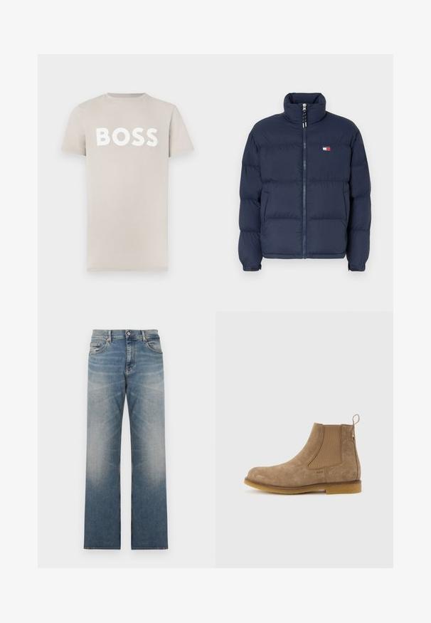 Veste doudoune navy avec col montant, fermeture éclair et motif matelassé horizontal. Dispose d'un petit patch logo en rouge, blanc et bleu.; T-shirt en coton beige clair à manches courtes et col rond. Présente un lettrage blanc audacieux "BOSS" sur la poitrine. Texture lisse.; Jean en denim bleu droit avec délavage, fermeture à bouton et zip, et style à cinq poches.; Bottine Chelsea en daim marron clair avec panneaux latéraux élastiques, languette de tirage au talon et semelle en caoutchouc.