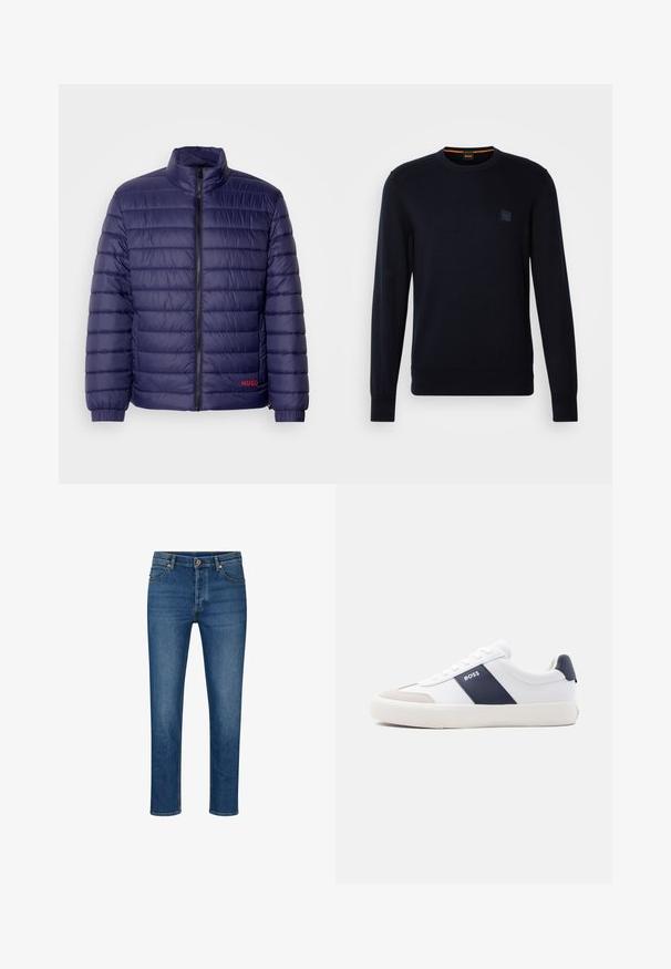 Marineblaue gepolsterte Jacke mit horizontalem Steppmuster, hohem Kragen, Frontreißverschluss und rotem Logodetail auf der linken Seite.; Marineblauer Strickpullover mit langen Ärmeln, Rundhalsausschnitt, gerippten Bündchen und Saum, mit einem kleinen quadratischen Logo-Patch auf der Brust.; Blaue Denim-Jeans mit geradem Schnitt, ausgestattet mit fünf Taschen, Gürtelschlaufen und einem Knopfverschluss. Leichte Abnutzungsspuren und kontrastierende Nähte.; Weißer Sneaker mit niedrigem Schaft, marineblauem Seitenstreifen, "BOSS" Logo, beiger Zehenkappe und weißer Sohle, seitlich auf hellem Hintergrund gezeigt.