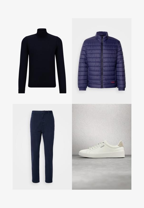 Mørkeblå polstret jakke med vandret quiltet design, høj krave, frontlynlås og rødt logodetalje på venstre side.; Mørkeblå turtleneck sweater lavet af fint strikstof, med lange ærmer og en tætsiddende, høj halsudskæring. Ingen synlige mønstre eller detaljer.; Mørkeblå chinos lavet af letvægtsstof, med lige ben-design, knaplukning og sidelommer. Glat tekstur uden mønstre.; Hvid lav sneaker med snørebånd og beige hælflap med mærket "HUGO," svævende over en poleret betonflade nær en glasblokvæg.