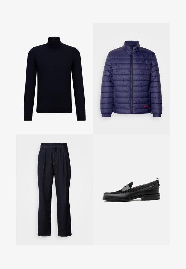 Veste matelassée bleu marine avec un design à carreaux horizontal, col montant, fermeture éclair à l'avant et détail logo rouge sur le côté gauche.; Pull en col roulé bleu marine foncé en tissu finement tricoté, à manches longues et à encolure haute ajustée. Sans motifs ni accents visibles.; Jean en denim large à jambes bleues foncées avec des plis devant et des coutures orange, présenté sur fond blanc.; Mocassin en cuir noir avec détail de bride grise, talon bas et semelle texturée, marqué "HUGO" en or sur le côté.