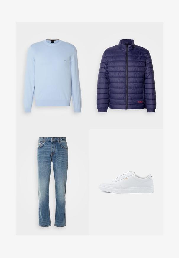 Veste matelassée bleu marine avec un design à carreaux horizontal, col montant, fermeture éclair à l'avant et détail logo rouge sur le côté gauche.; Pull en tricot bleu clair à manches longues, col rond et poignets côtelés. Dispose d'un logo "BOSS" brodé sur la poitrine.; Jean en denim bleu clair avec des jambes droites, cinq poches, des coutures contrastantes et une finition délavée. Dispose d'un bouton et d'un zip pour le maintien.; Baskets blanches en cuir avec une texture lisse, bout rond et coutures tonales. Possède des lacets bleus et un logo doré sur le côté.