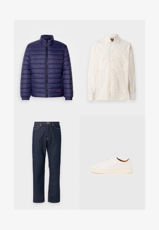 Marineblaue gepolsterte Jacke mit horizontalem Steppmuster, hohem Kragen, Frontreißverschluss und rotem Logodetail auf der linken Seite.; Beige Langarmshirt aus leichtem Stoff, mit durchgängigem Knopfverschluss, zwei Brusttaschen und einem Markenetikett am Ärmel.; Dunkelblaue Denimjeans mit geradem Bein-Design. Verfügt über einen Knopf- und Reißverschluss, fünf Taschen und Kontrastnähte.; Weißer Sneaker mit niedrigem Schaft und Schnürdesign, minimalen Nähten und einer cremefarbenen Sohle auf hellgrauem Hintergrund.