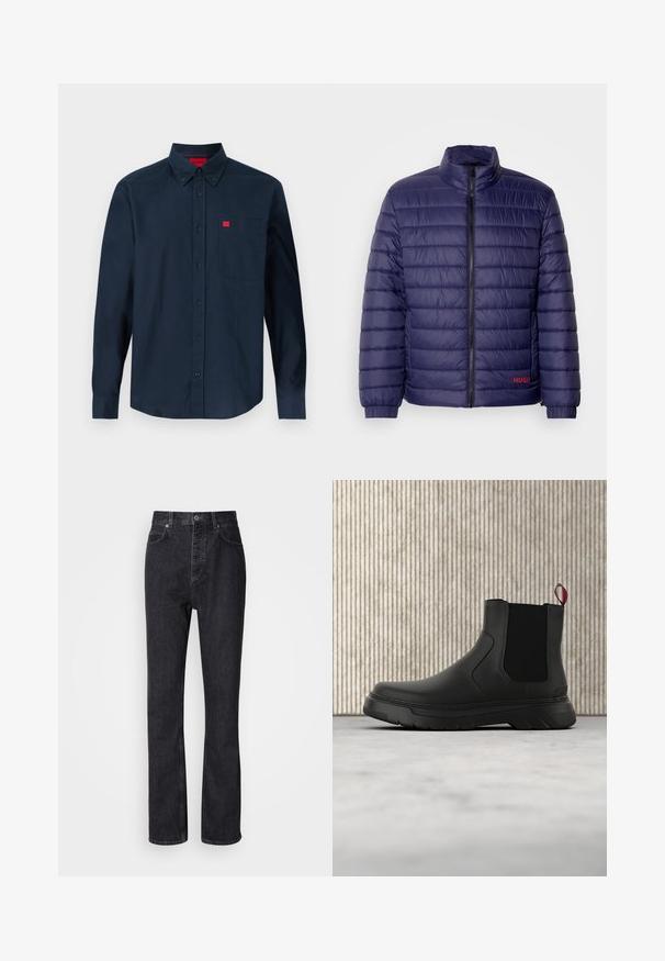 Marineblaue gepolsterte Jacke mit horizontalem Steppmuster, hohem Kragen, Frontreißverschluss und rotem Logodetail auf der linken Seite.; Marineblaue, langärmlige Hemdjacke mit Knopfleiste, Knopfkragen und Brusttasche mit kleinem rotem Logoschild.; Hochtaillierte schwarze Jeans aus Denim mit Knopf- und Reißverschluss, Vorder- und Hintertaschen sowie einer geraden Passform.; Schwarze Knöchelstiefel mit glatter Oberfläche, elastischen Seitenpaneelen und einem kontrastierenden roten Zuglasche, ausgestattet mit einer dicken Gummisohle und einer runden Zehenpartie.