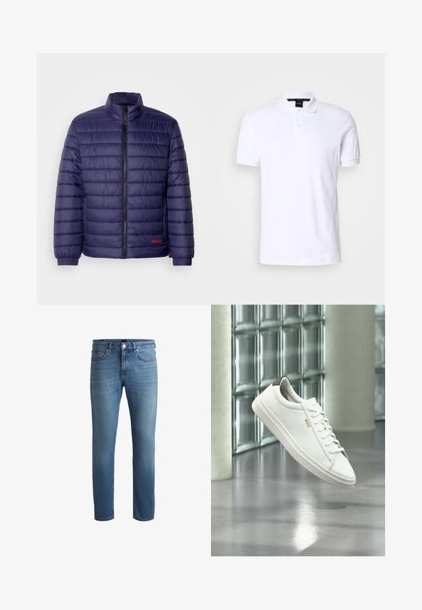 Mørkeblå polstret jakke med vandret quiltet design, høj krave, frontlynlås og rødt logodetalje på venstre side.; Hvid polo-shirt i bomuld med korte ærmer, krave og tre-knaps lukning. Subtil logo detalje på brystet. Glat tekstur.; Lyseblå denim jeans med almindelig pasform, der har en glat tekstur, fem-lommers design og en lynlåsåbning med knaplukning.; Hvid læder lav-top sneaker med snørebånd, sort hælflig og "BOSS"-logo, svævende indendørs nær glasblok væg og poleret gulv.