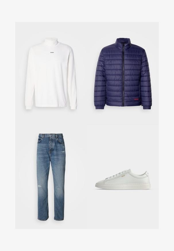 Mørkeblå polstret jakke med vandret quiltet design, høj krave, frontlynlås og rødt logodetalje på venstre side.; Hvid langærmet turtleneck trøje lavet af blødt stof, med et diskret sort "HUGO" logo på forsiden og tætsiddende manchetter.; Lyseblå denim jeans med lige ben-design, der har en knap- og lynlåslukning, fem lommer og slidte detaljer ved knæet.; Hvid lavtop lædersneakers med snørebånd, flad sål og lille gyldent "BOSS" logo på siden, set fra ydersiden.