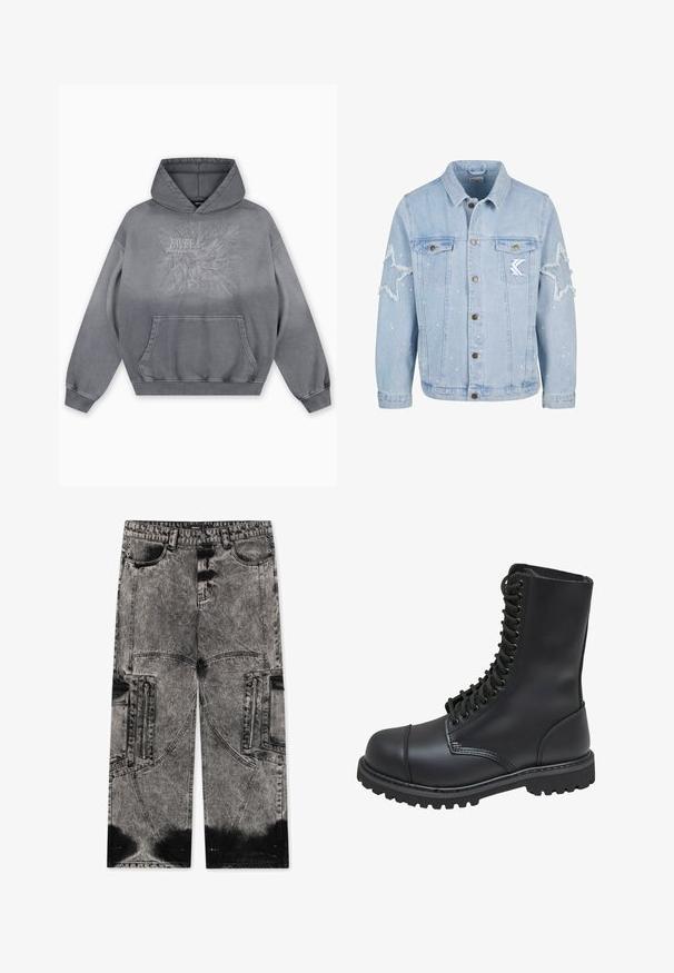 Lichtblauwe denimjack met stervormige slijtage, metalen knopen, twee borstzakken en subtiele witte verfspetterdetails.; Grijze capuchontrui met een gestructureerde print met de tekst "FAVELA Worldwide" en een adelaarontwerp, voorzak in kangarustijl en geribbelde manchetten.; FAVELA BIG POCKET - Wijde jeans - black acid washed; Zwarte leren gevechtslaars met een hoge schacht, vetersluiting aan de voorkant, gewatteerde kraag en een stevige, gestructureerde zool voor grip. Bevat een versterkte neus.