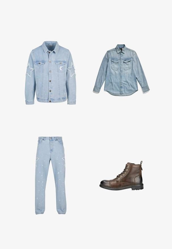 Hellblaue Denimjacke mit sternförmigen Abriebstellen, Metallknöpfen, zwei Brusttaschen und subtilen weißen Farbspritzern.; Helles blaues Denim-Hemd mit langen Ärmeln, Knopf-Frontverschluss, zwei Brusttaschen und klassischem Kragen. Weiche Textur mit lässigem Design.; Hellblaue Jeans aus Denim mit entspannter Passform, ausgestattet mit sternförmigen Ausschnitten, Farbspritzern und einem klassischen Fünf-Taschen-Design.; Braune Leder-Ankle Boots mit einer abgerundeten Spitze, Schnürung vorne und einer Schlaufe zum Anziehen hinten. Mit einer robusten Sohle mit Profil für besseren Halt.