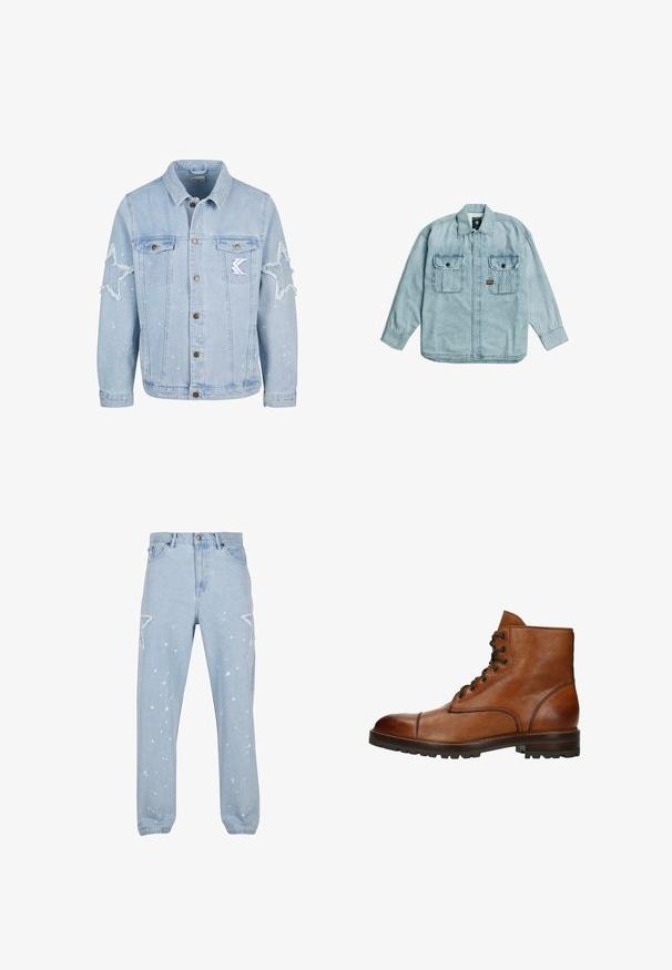 Lichtblauwe denimjack met stervormige slijtage, metalen knopen, twee borstzakken en subtiele witte verfspetterdetails.; Lichtblauw denim shirt met lange mouwen, kraag, knoopsluiting aan de voorkant en twee borstzakken met knopen op een witte achtergrond.; Lichtblauwe denim jeans met een relaxte pasvorm, voorzien van stervormige uitsparingen, verfspetters en een klassieke vijf-pocket ontwerp.; Bruine leren enkelboot met een ronde neus, contrasterende stiksels, zes vetergaatjes en een gestructureerde zool voor grip.