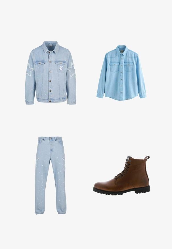 Lyseblå denimjakke med stjernemønstrede slidmærker, metalbutton, to brystlommer og diskret hvid malingsplask.; Lyseblå denimskjorte med lange ærmer, knapper foran og to brystlommer med knaplukning.; Lysblå denim jeans med en afslappet pasform, der har stjerneformede udsparinger, malersplatter og et klassisk fem-lomme-design.; Brune læder ankelstøvler med tekstureret overflade, metaløjer og sort gummisål. Har en træktab bagpå for nem påtagning.