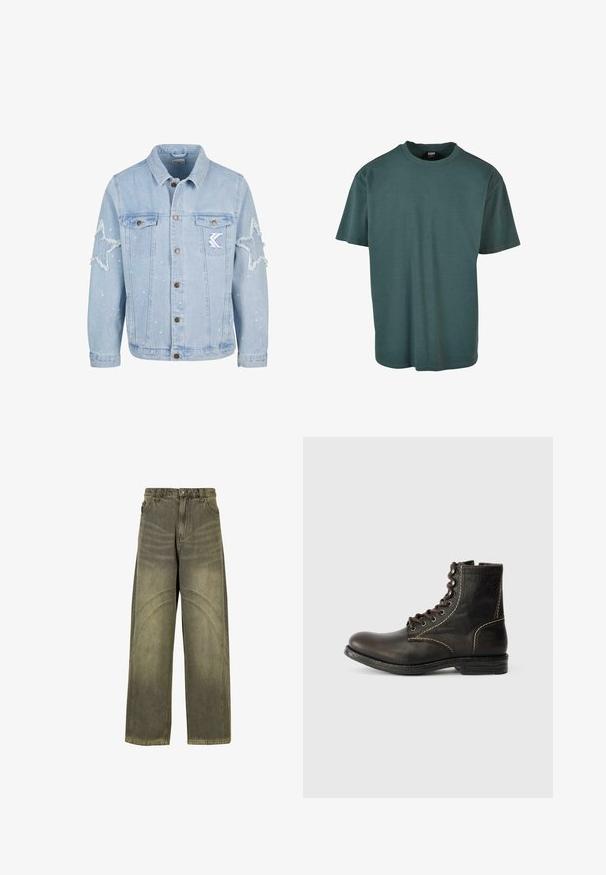 Lichtblauwe denimjack met stervormige slijtage, metalen knopen, twee borstzakken en subtiele witte verfspetterdetails.; Donkergroen katoenen t-shirt met korte mouwen, ronde hals en een ontspannen pasvorm. Gladde textuur zonder zichtbare patroonen of accenten.; Wijde spijkerbroeken van olijfgroene denim, met gebogen naadaccenten, klassieke knoopsluiting en een vervaagde afwerking.; Bruine leren enkelboot met een ronde neus, zeven vetergaten, witte stiksels en een gestructureerd oppervlak. Stevige rubberen zool, klassieke stijl.