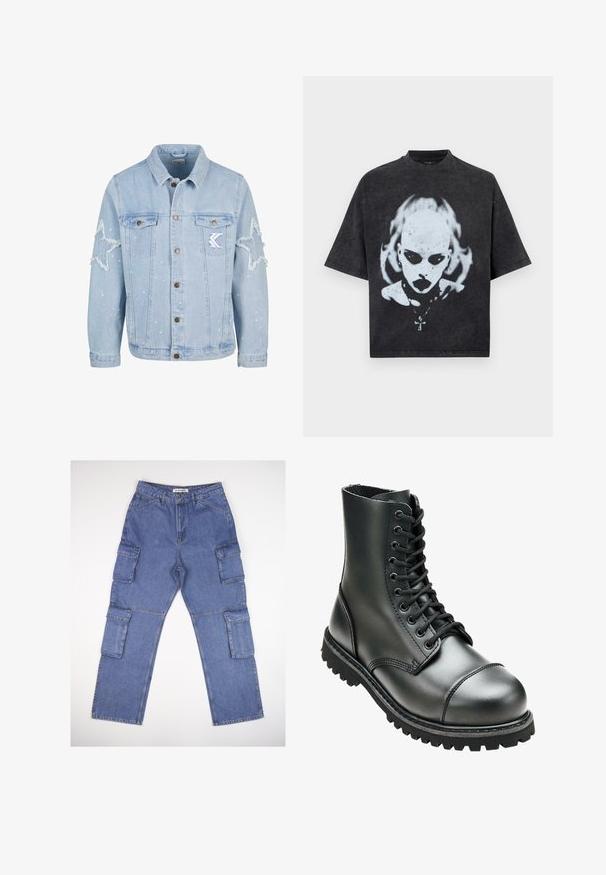 Veste en denim bleu clair avec des déchirures en forme d'étoile, des boutons en métal, deux poches poitrine et de subtiles éclaboussures de peinture blanche.; T-shirt noir oversize avec un graphisme blanc représentant une personne chauve aux yeux foncés, rouge à lèvres, piercings et un collier avec un pendentif en forme de croix.; Pantalons cargo en denim bleu avec plusieurs poches latérales, un design à jambe droite et une taille classique. Le tissu a une légère texture et un effet délavé.; Botte de combat en cuir noir avec une tige haute, bout rond, laçage sur le devant et semelle en caoutchouc robuste avec un profil de crantage profond pour une meilleure adhérence.