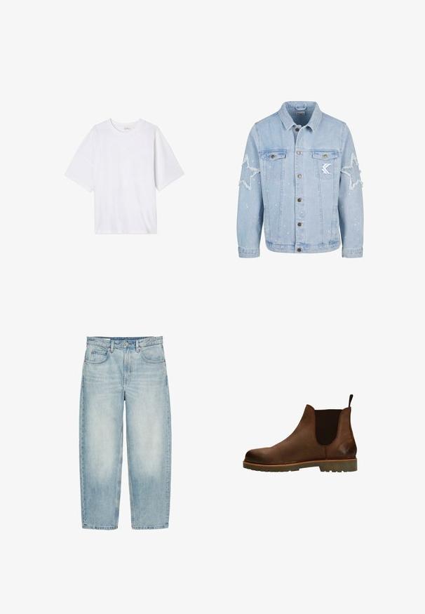 Lichtblauwe denimjack met stervormige slijtage, metalen knopen, twee borstzakken en subtiele witte verfspetterdetails.; Witte T-shirt met korte mouwen van zacht materiaal. Heeft een ronde halslijn en een relaxte pasvorm met een rechte zoom. Geen patronen of hardware.; Lichtblauwe, hoogtailles rechte spijkerbroek met voorkanten zakken, riemlussen en een metalen knoopsluiting.; Bruine leren Chelsea-boot met elastische zijpanelen, ronde neus en getextureerde rubberen zool. Voorzien van een trekhaak voor gemakkelijk aan- en uittrekken.
