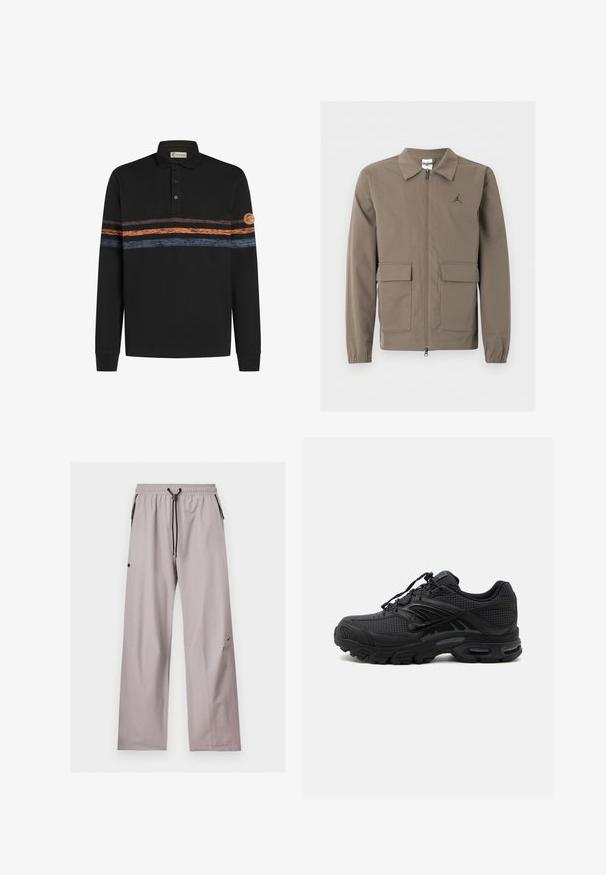 Brun lynlåstrøje med krave, to forlommer med klap, elastiske manchetter og lille Jumpman-logo på venstre bryst.; Sort langærmet polo-shirt med et struktureret horisontalt stribemønster i orange og blå, med et logo-patch på venstre ærme.; Lysegrå løstsiddende bukser med elastisk talje, sort justerbar snor og sidelommer med sorte lynlåse.; Sort atletisk sneaker med tekstureret stof, tyk polstret sål, luftventiler og snørelukning, vist fra siden på en lys baggrund.