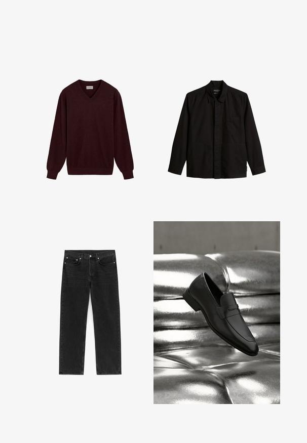 Chemise noire à manches longues avec col, poche poitrine et boutonnage sur le devant, étalée à plat sur fond blanc.; Pull en V bordeaux en laine douce. Doté de manches longues et de poignets et d'un ourlet côtelés. Petit logo sur la poitrine.; Jean noir à jambes droites avec bouton et fermeture éclair à l'avant, design à cinq poches et rivets en métal sur les poches avant.; Mocassin en cuir noir flottant au-dessus d'une surface argentée métallique brillante rembourrée.