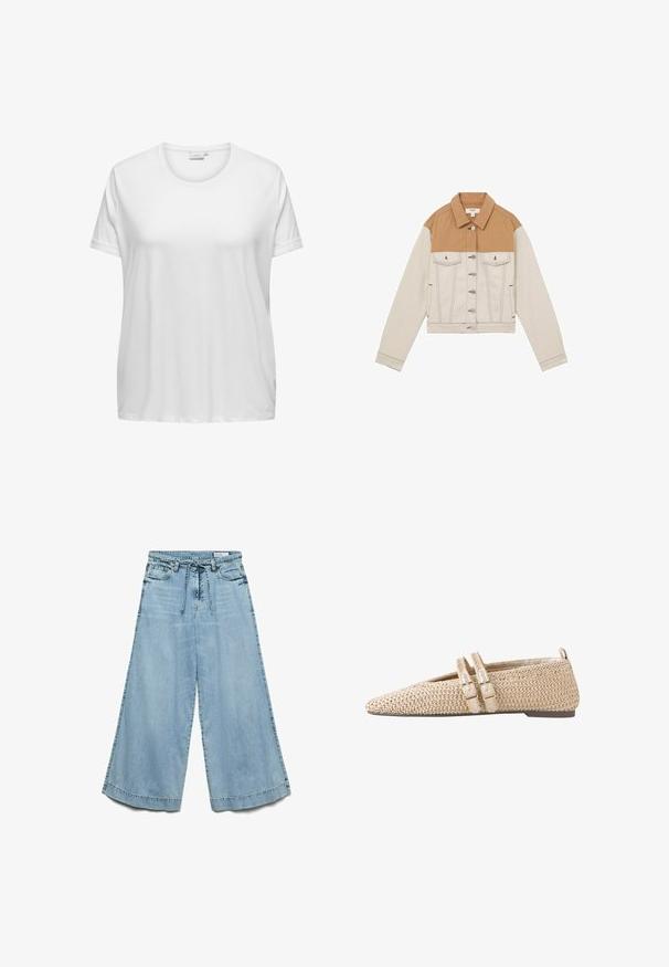 Afkortet denimjakke med en tan øverste sektion og lys beige nederste sektion. Har trykknapper, to frontlommer og kontrasterende syninger.; Hvid bomulds t-shirt med rund halsudskæring og korte ærmer. Løs pasform med en glat tekstur og ingen synlige mønstre eller detaljer.; Lyseblå vidde jeansbukser med snøre i taljen, forlommer og bæltestropper, lagt fladt på en hvid baggrund.; Beige vævet flad sko med spids tå og to tynde remme, der fastgøres med guldfarvede spænder på siden.